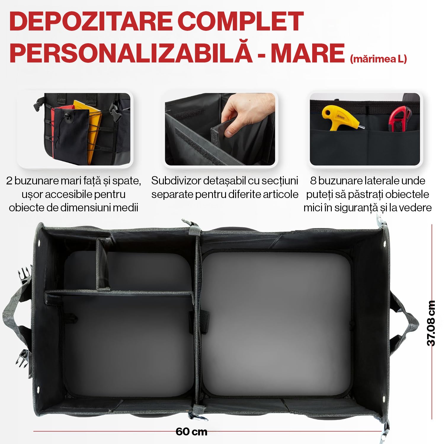 Organizator portbagaj auto pliabil NextWave®️ L, compartimentare personalizabila cu subdivizor detasabil, 2 buzunare mari fata si spate, 8 buzunare laterale, baza rigida, material Oxford rezistent la apa, dimensiuni 60×37 cm