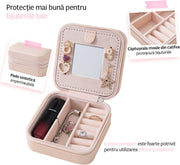 Cutie bijuterii NextWave® portabila din piele ecologica, design modern cu oglinda integrata si compartimente multifunctionale pentru inele, cercei, lantisoare si bratari, organizator compact 10 x 10 x 5 cm, roz