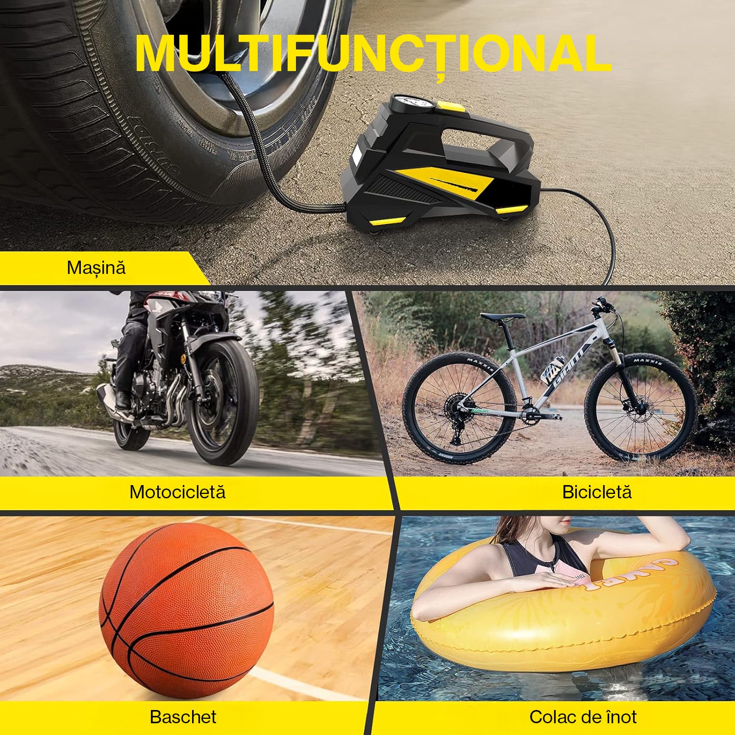 Compresor auto portabil NextWave 12V, manometru digital, 150 PSI, galben-negru