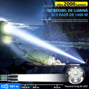 Lanterna BeGenius®, Focalizare Reglabila, 5 Moduri de Putere, LED P70, Baterie 5000 mAh, 2000lm, Iluminare Intensa pe Termen Lung, Rezistenta la Apa, Ideala pentru Camping, Drumetii, Supravietuire, Urgente si Exploarare, Neagra