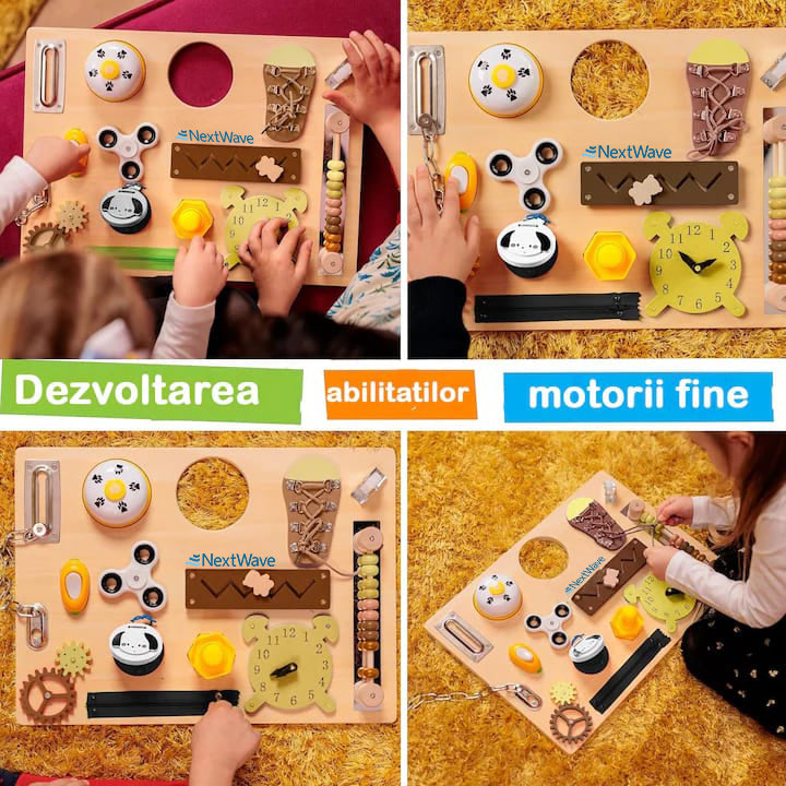 Placa senzoriala NextWave®, tabla de activitati Montessori din lemn cu 14 activitati educationale pentru invatarea abilitatilor motorii fine, jucarie de calatorie pentru copii pentru fete si baieti