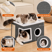Casa Pisici NextWave®, Casuta Pliabila Tip Pestera, Pat Interior cu Platforma Superioara, Ansamblu de Zgariat Sisal, Minge Pufoasa, Perne Reversibile Detasabile, MDF Stabil, pentru Pisici si Animale Mici, 40 x 40 x 32 cm, Gri Inchis