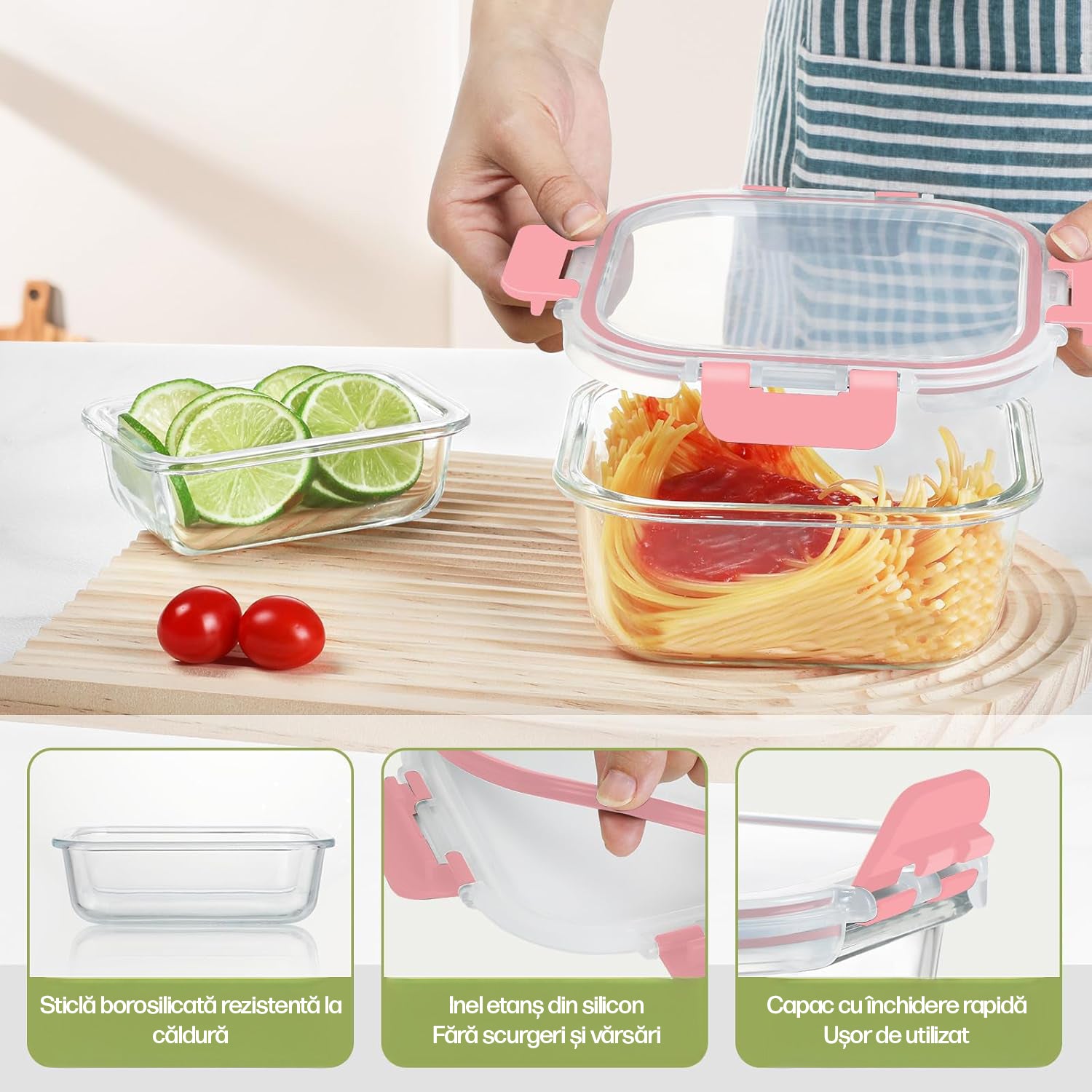 Set 12 Caserole Alimentare din sticla NextWave®️ Capace Etanse, Depozitare Frigider si Congelator, Potrivite pentru Microunde, Fara BPA, Organizare Bucatarie, Inchidere cu 4 Clipsuri, Usor de Curatat, Transparent, Roz