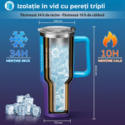 NextWave® Cana termoizolanta 1180 ml cu maner si capac etans – inox premium, pereti triplu izolati, pastreaza bauturile reci 34h si calde 10h, cu paie reutilizabile si perie de curatare, baza anti-alunecare, neagra