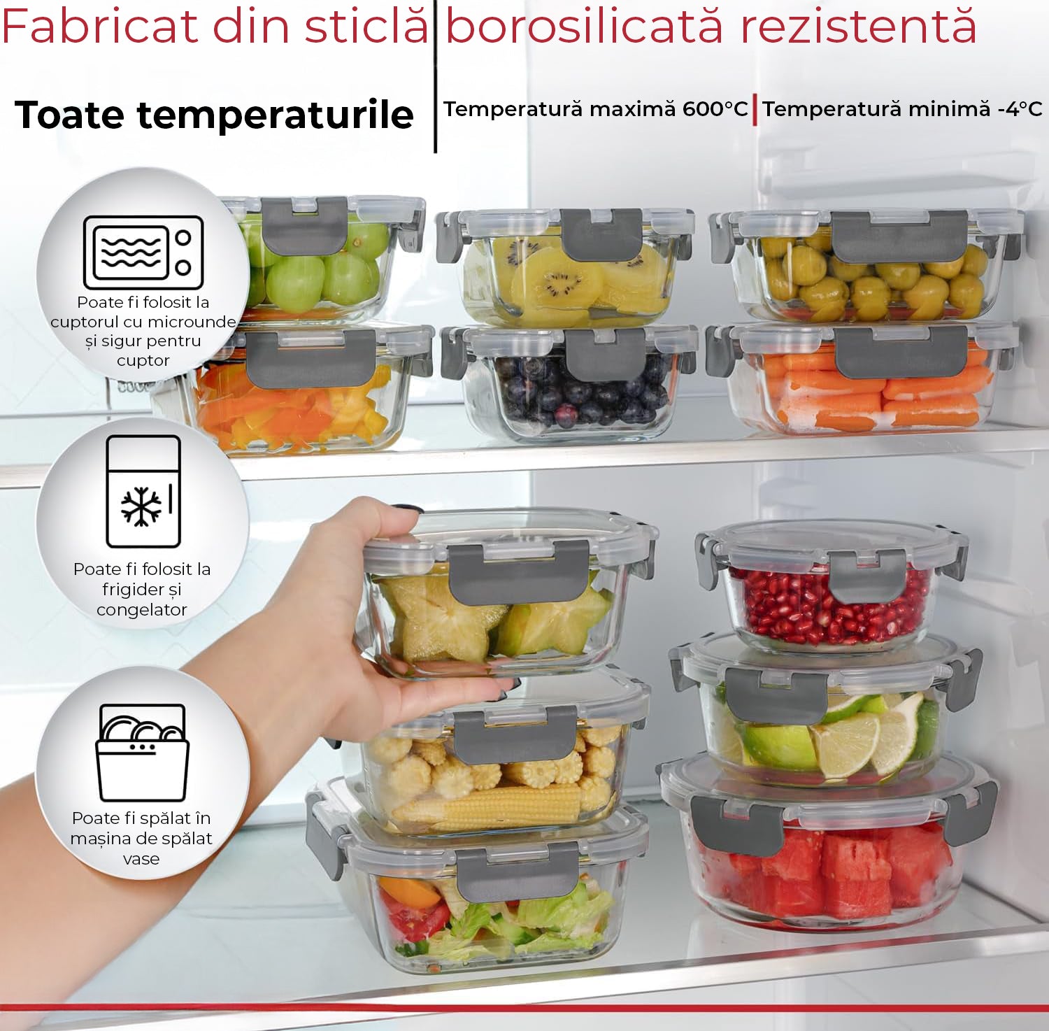 Set 12 Caserole Alimentare din sticla NextWave®️ Capace Etanse, Depozitare Frigider si Congelator, Potrivite pentru Microunde, Fara BPA, Organizare Bucatarie, Inchidere cu 4 Clipsuri, Usor de Curatat, Transparent, Gri