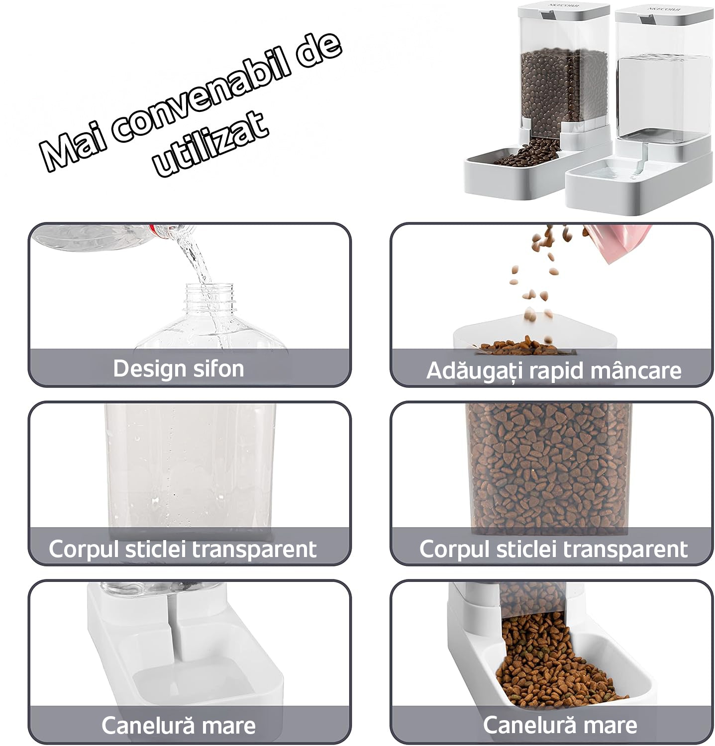 Dispenser de apa si mancare 2 in 1 pentru pisici si caini NextWave®, responsabil pentru distribuirea hranei si apei animalului tau de companie cu ajutorul gravitatiei fara electricitate, Detasabil si lavabil, 3.8L, Gri