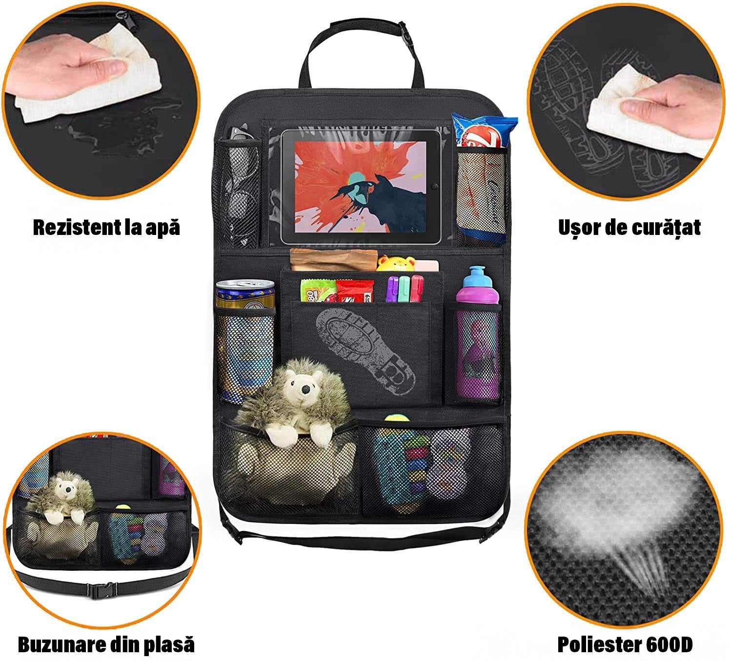 Set 2 organizatoare spatar scaun auto NextWave®️, protectie universala, buzunare multiple + buzunar mare pentru tableta, rezistente, ideale pentru parinti cu copil, culoare neagra