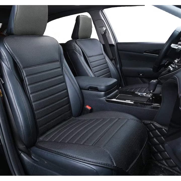 Set de 2 huse NextWave®️ pentru scaune auto, ofera protectie scaunelor din fata, universala, masina personala, taxi, ride sharing, antialunecare, material respirabil, pentru toate sezoanele, buzunare de depozitare, Piele PU, Negru