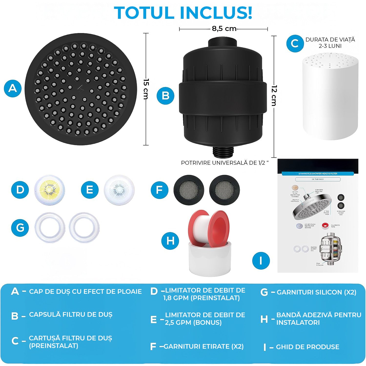 Filtru de apa premium NextWave® pentru para de dus cu 23 stagii de filtrare, usor de instalat, infuzie de minerale si Vitamina C, elimina Clorul, metalele grele, impuritatile si mirosurile neplacute, purificator apa de baie, Negru