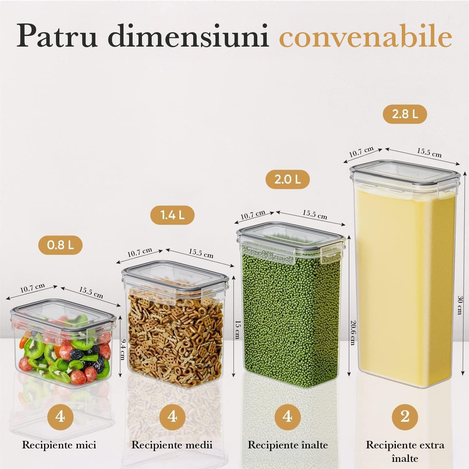 Set 14 recipiente depozitare alimente NextWave® – plastic alimentar transparent fara BPA, capace negre etanse, utilizabile in cuptor microunde, congelator si masina de spalat vase, 4 dimensiuni mixte (0.8L, 1.4L, 2L, 2.8L), cu etichete si marker inclus