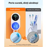 Sterilizator UV Portabil pentru 2 Periute de Dinti BeGenius ®, Suport Periute Dinti Inteligent cu Functie de Uscare, Senzor Deschidere-Inchidere automata, Montaj facil fara gauri, Eficienta Dezinfectare 99.99%, Dezinfectare Continua 24/7, Display HD, Alb