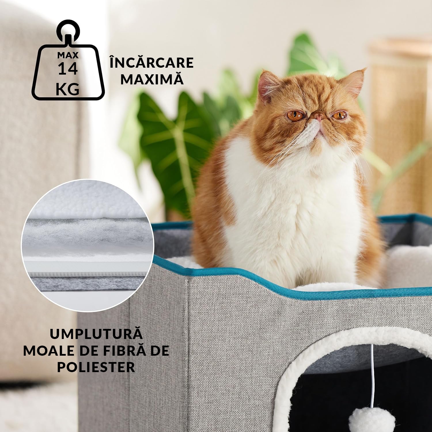Casa pentru pisici NextWave® cu doua zone, bila pufoasa si zona de zgariat, Pliabila, Moale si pufoasa, Respirabila, Usoara, Marime 42x42x33 cm, Gri