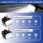 Set lumini bicicleta 25 de LED-uri, BeGenius®, USB reincarcabil cu acumulator 1100mAh, 4 Moduri de Iluminare, Montaj Simplu si Rapid, Rezistent la Apa IP65, Alb/Rosu