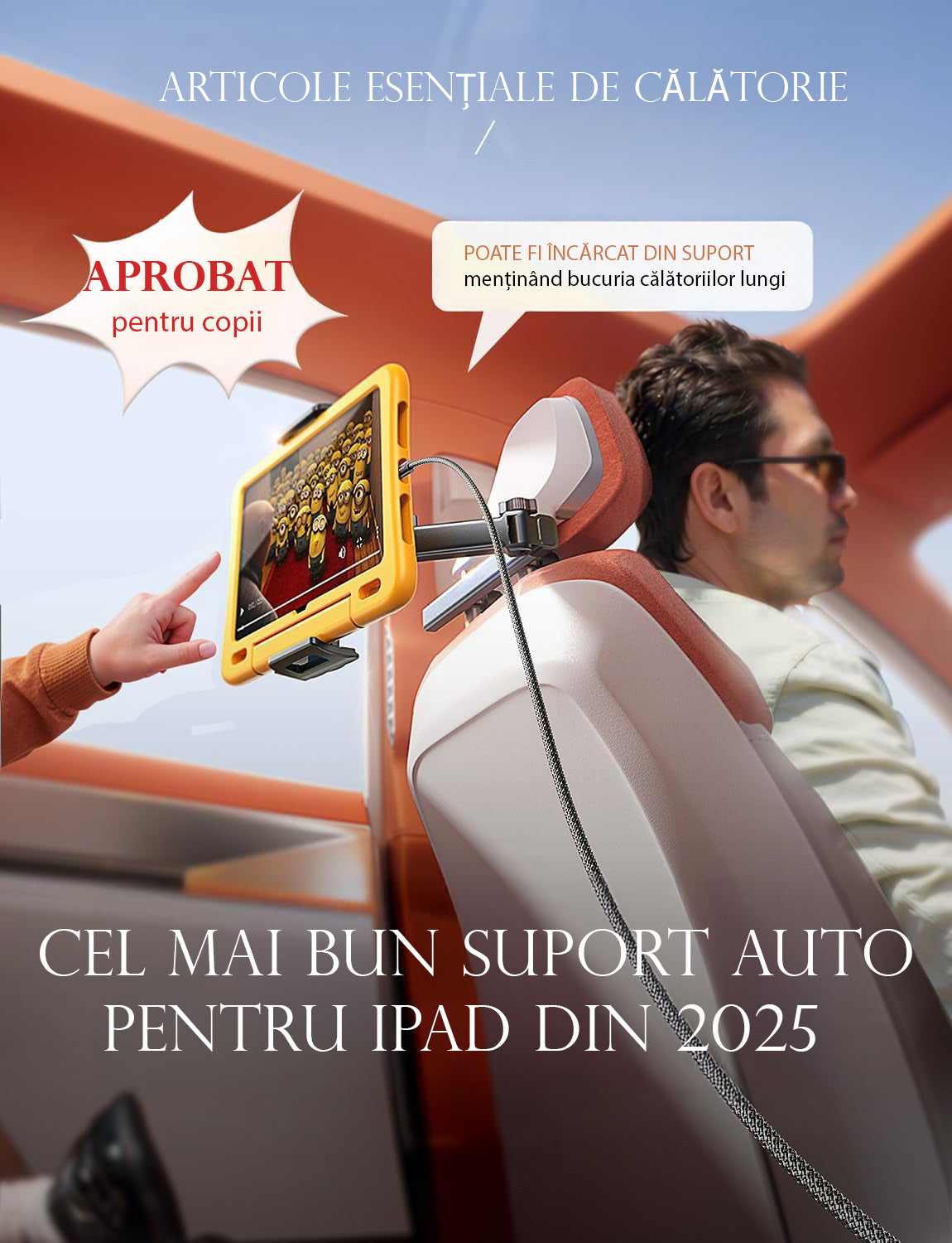 Suport auto tetiera NextWave®️, reglabil pe 3 axe pentru tablete si telefoane 4,7–11 inch, sistem metalic pliabil cu prindere solida, rotatie 360°, compatibil universal, negru