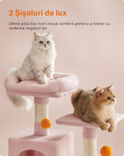 Ansamblu de Joaca pentru pisici, NextWave®, tip turn, 2 platforme de observatie, 3 niveluri, 2 casuta, 5 stalpi pentru zgariat, hamac, mingiute de joaca, inaltime 155 cm, roz