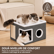 Casa Pisici NextWave®, Casuta Pliabila Tip Pestera, Pat Interior cu Platforma Superioara, Ansamblu de Zgariat Sisal, Minge Pufoasa, Perne Reversibile Detasabile, MDF Stabil, pentru Pisici si Animale Mici, 40 x 40 x 32 cm, Gri Inchis