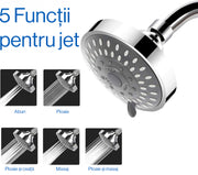 Cap de dus reglabil NextWave®️, presiune ridicata, 5 moduri de pulverizare (ploaie, masaj, ceata, combinatii), sistem de filtrare in 15 etape pentru apa curata, conexiune standard G1/2, cap rotativ 360°, material ABS cromat anticoroziv