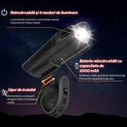 Set Lumini Bicicleta, Trotineta Fata Spate BeGenius®, Far si Stop Reincarcabil USB, Far 4 Moduri si Stop cu 4 Moduri de Functionare, Vizibil pe Timp de Noapte si Zi, Montaj Simplu si Rapid, Rezistent la Apa IP65, Negru