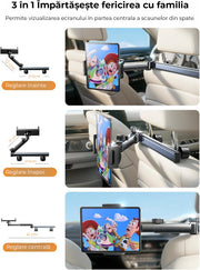 Suport auto tetiera NextWave®️, reglabil pe 3 axe pentru tablete si telefoane 4,7–11 inch, sistem metalic pliabil cu prindere solida, rotatie 360°, compatibil universal, negru