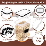 Set 24 cutii depozitare alimente NextWave® – plastic alimentar transparent fara BPA, capace etanse cu garnitura, 4 dimensiuni mixte, reutilizabile si stivuibile, ideale pentru paste, faina, zahar, cereale, orez si alte alimente uscate, cu etichete si mark