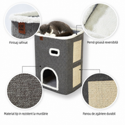 Casa Pisici NextWave®, Casuta Pliabila Tip Pestera, Pat Interior cu Platforma Superioara, Ansamblu de Zgariat Sisal, Minge Pufoasa, Perne Reversibile Detasabile, MDF Stabil, pentru Pisici si Animale Mici, 40 x 40 x 32 cm, Gri