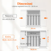 Organizator extensibil pentru tacamuri si ustensile de bucatarie NextWave® – suport sertar ajustabil 33–57 cm, cu 7–9 compartimente modulare, plastic rezistent BPA-free, design compact si practic pentru depozitare ordonata in bucatarie, Negru