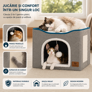 Casa pentru pisici NextWave® cu doua zone, bila pufoasa si zona de zgariat, Pliabila, Moale si pufoasa, Respirabila, Usoara, Marime 42x42x33 cm
