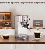 Espressor profesional NextWave® 20 bari, 1350W, rezervor 1.3L, din otel inoxidabil, spumator lapte integrat, functii automate pentru espresso, cappuccino, latte si alte bauturi pe baza de cafea