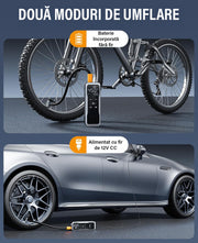 Compresor auto portabil digital NextWave®, debit 34 L/min, presiune 150 PSI, alimentare 12V DC si acumulator reincarcabil, oprire automata, ecran LCD, Power Bank si lumina LED SOS – pentru anvelope auto, motociclete, biciclete si mingi, Negru Metalic