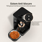 Hranitor Automat Digital Pisici si Caini NextWave®, Dispenser 4L, Rezervor Transparent, Mesaj Vocal Personalizat, 4 Mese/Zi, Control Portii, Hrana Uscata, Anti-Blocare, Protectie Antifurt, Bol Inox, Alimentare Dubla Retea/Baterii, Usor de Curatat, Negru