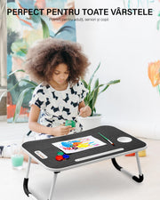 NextWave® Masa Portabila si Pliabila pentru Laptop 60×40 cm, Birou Lap Table pliabil cu Perna, Suport Pahar & Slot Tableta, maner de transport, picioare antiderapante – ideal pentru pat, canapea, birou, culoare Negru