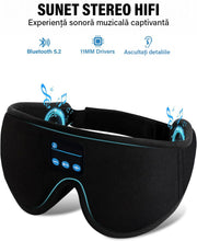 Masca de somn cu casti Bluetooth NextWave®️, design 3D conturat, sunet stereo HD si microfon, Bluetooth 5.2, autonomie 12h, incarcare rapida 1h, material spuma cu memorie si plus respirabil, banda elastica reglabila, negru