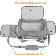 Geanta pentru transport animale mici NextWave®, pisica, caine, iepure, din panza, 44x28x25, baza rezistenta cu covoras, gri