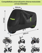 Husa motocicleta NextWave® XXL 245×104×125 cm – impermeabila, rezistenta la vant si praf, protectie UV, cu benzi reflectorizante si curele de fixare, compatibila si pentru 2–3 biciclete