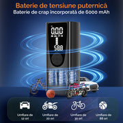 Compresor portabil electric NextWave® – pompa de aer reincarcabila 6000 mAh, presiune 0, 1-10, 3 bar (150 PSI), display digital, LED iluminare, 4 moduri presetate pentru masina, motocicleta, bicicleta si mingi, incarcare USB-C
