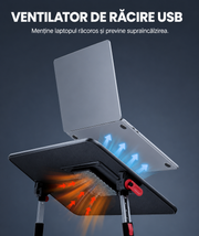 Masa Laptop Pliabila NextWave®, Ventilator Racire USB, Inclinare Ajustabila, Suport Reglabil pentru Pat si Canapea, Picioare Pliabile, Spatiu Mouse, Suport Antialunecare, pentru Laptop pana la 17 inch, Lucru, Citit, Scris