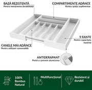 Organizator extensibil pentru tacamuri si ustensile NextWave® – bambus natural lacuit, finisaj negru elegant, 9 compartimente adanci (4, 8 cm), latime ajustabila 34–50 cm, lungime 44, 5 cm, design premium si eco-friendly pentru bucatarie. Alb