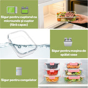 Set 12 Caserole Alimentare din sticla NextWave®️ Capace Etanse, Depozitare Frigider si Congelator, Potrivite pentru Microunde, Fara BPA, Organizare Bucatarie, Inchidere cu 4 Clipsuri, Usor de Curatat, Transparent, Roz