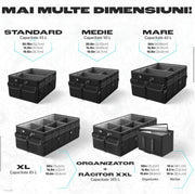 Organizator portbagaj auto pliabil NextWave®️, capacitate mare 55×40×26 cm, compartimentare cu separator detasabil, 2 placi de baza, chingi de fixare, capac inclus, material poliester rezistent