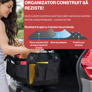Organizator portbagaj auto pliabil NextWave®️ L, compartimentare personalizabila cu subdivizor detasabil, 2 buzunare mari fata si spate, 8 buzunare laterale, baza rigida, material Oxford rezistent la apa, dimensiuni 60×37 cm