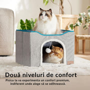 Casa pentru pisici NextWave® cu doua zone, bila pufoasa si zona de zgariat, Pliabila, Moale si pufoasa, Respirabila, Usoara, Marime 42x42x33 cm, Gri