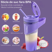 Mini Blender Electric NextWave™, Portabil, Multifunctional, Auto-curatare, Autonomie Mare, Baterie reincarcabila 4000mAh, Smoothie, legume si fructe, Milk shake, Fresh, 460 ml, 6 Lame 3D, mov