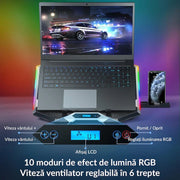 Stand De Racire pentru Laptop BeGenius® cu Suport pentru Telefon, 8 Ventilatoare ultra Silentioase, Cooler Laptop Gaming, Iluminare RGB, 10-45 grade, 2 Porturi USB, pentru Laptopuri pana la 17.3 inch, Negru