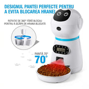 Hranitor Automat Digital Pisici si Caini NextWave®, Dispenser Hrana 3.5L, Bol Inox Premium, Control Portii, Mesaj Vocal Personalizat, Programare 4 Mese/Zi, Temporizator Digital, Senzor Infrarosu Anti-Blocare, Alimentare Dubla Priza/Baterii, 1.5W, Alb