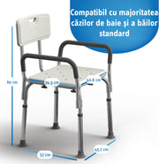 Scaun de dus si cada NextWave® cu spatar si brate captusite, inaltime reglabila 41–53 cm, suport greutate 160 kg, cadru din aluminiu usor si rezistent, picioare anti-alunecare, ideal pentru varstnici si persoane cu mobilitate redusa