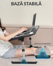 Suport laptop reglabil NextWave®️, masa pliabila pentru birou, pat sau canapea, 5 niveluri de inaltime si 4 unghiuri de inclinare, bara anti-alunecare si pad ergonomic, material MDF + aluminiu, dimensiuni 52,1×30×23,9 cm, Negru