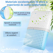 Perna ortopedica din spuma cu memorie cu gel BeGenius, Husa detasabila cu 2 zone termice, ergonomica ventilata pentru Gat si Suport Cervical, Ideala pentru dormitul lateral, spate sau stomac, 60x40x12 cm, fermitate ferma