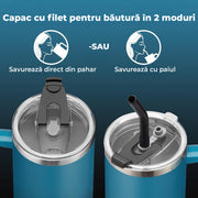 NextWave® Cana termoizolanta 1180 ml cu maner si capac etans – inox premium, pereti triplu izolati, pastreaza bauturile reci 34h si calde 10h, cu paie reutilizabile si perie de curatare, baza anti-alunecare, neagra