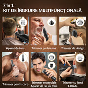 Masina de tuns BeGenius 7 in 1, Lame Inox, Corp Metal, Negru, Cu Acumulator 2000mAh, Trimmer Nas Inclus