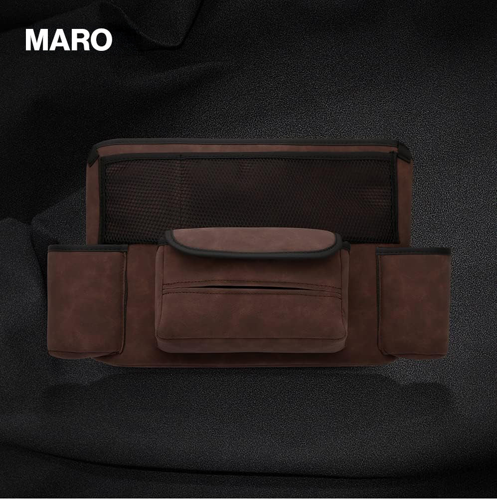 Organizator intre scaune auto NextWave®️, suport pretios cu 5 compartimente, material suede & piele ecologica, capacitate mare, dimensiuni 36×25×22 cm, Maro